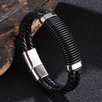 fashion stainless steel magnetic black charm bracelet men leather braided punk rock bangles jewelry accessories friend