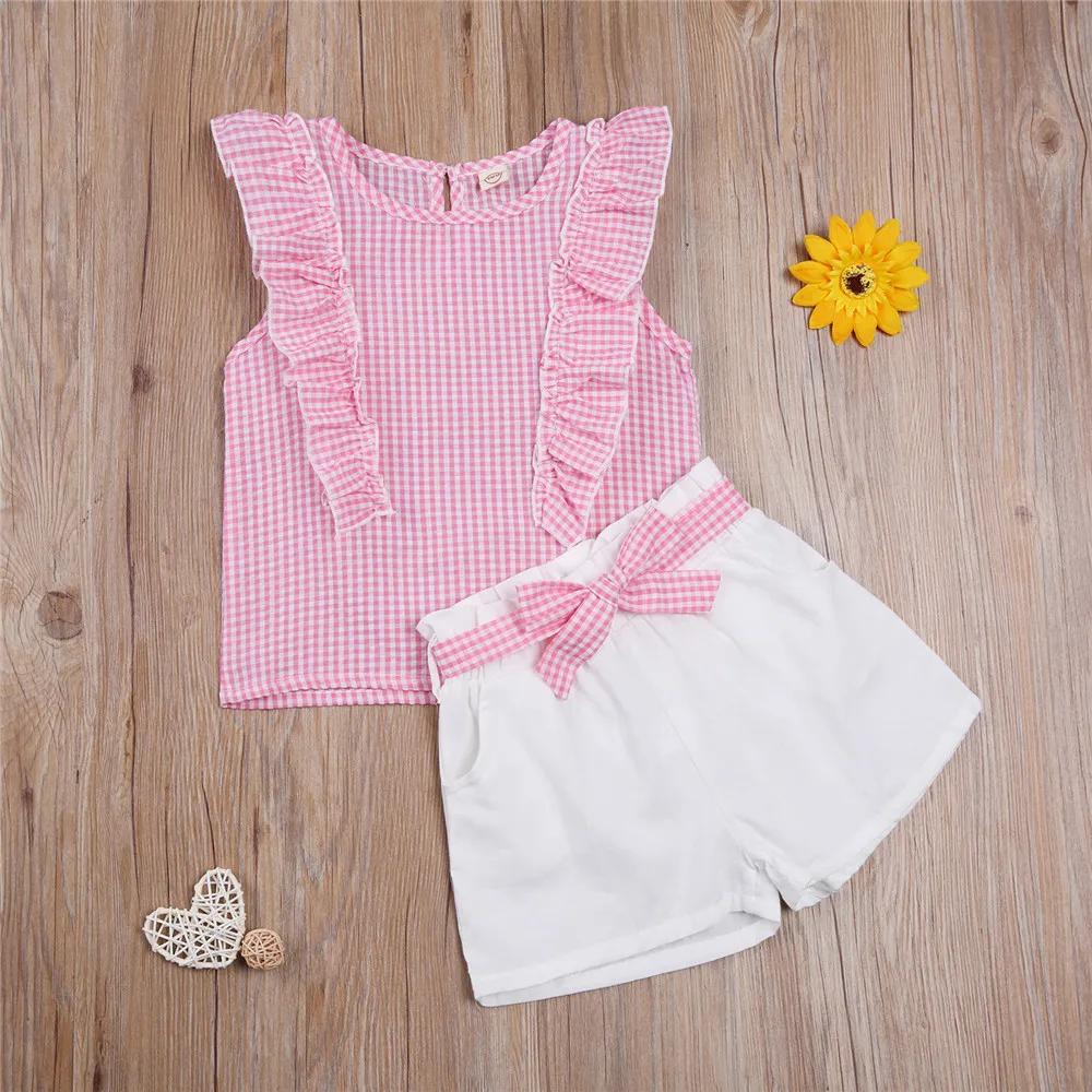

3-8Years Summer Baby Girl Children Sets Pink Plaid Print Sleeveless Butterfly Sleeve Tank Top + Elastic Waist Shorts + Headband