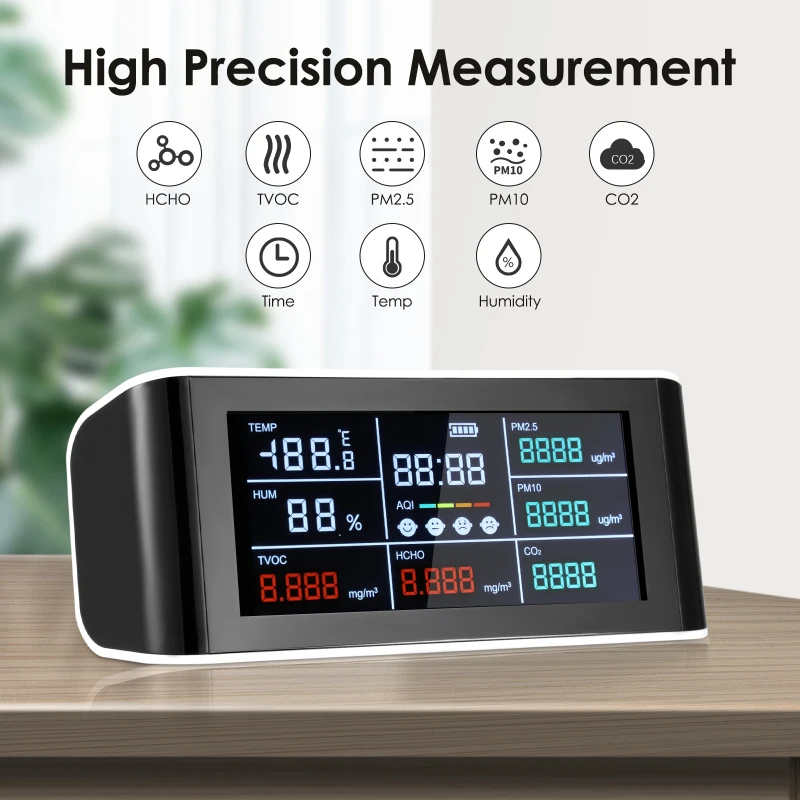 

Co2 Air Quality Monitor For PM2.5/PM10 HCHO Formaldehyde Meter Tester TVOC Sensor AQI Temperature Humidity Gas Detector Analyzer