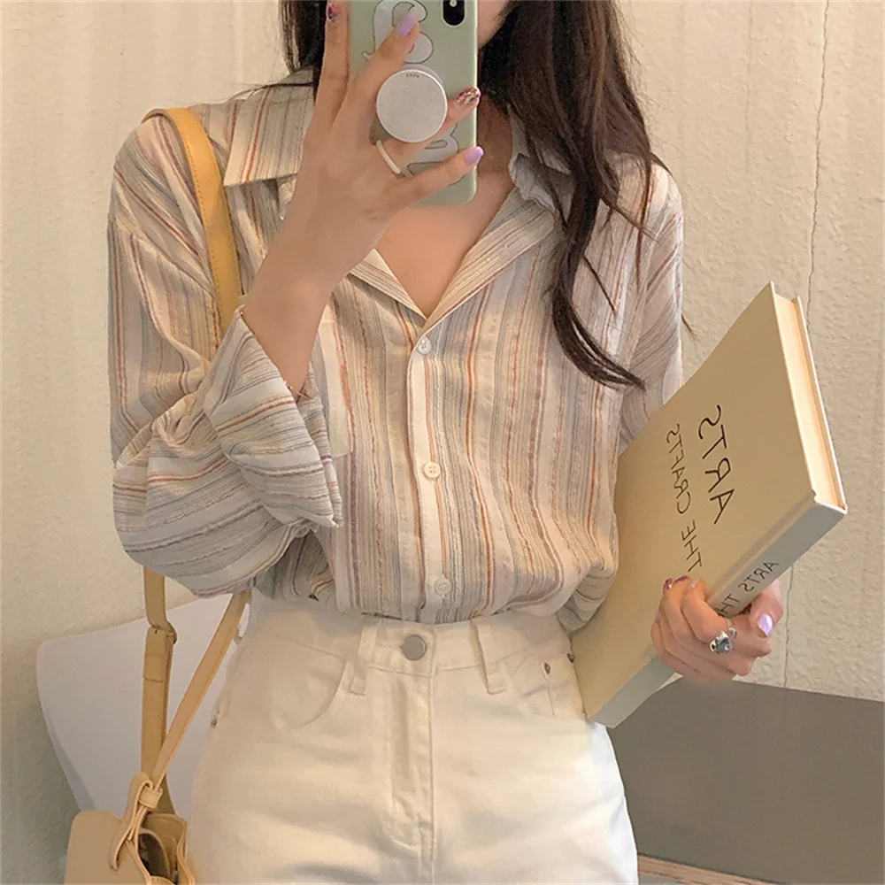 

Autumn Stripes Women Lapel Shirt Hot Sunscreen 2021 OL Loose High Quality Full Sleeve Plus Size Stylish Casual Tops
