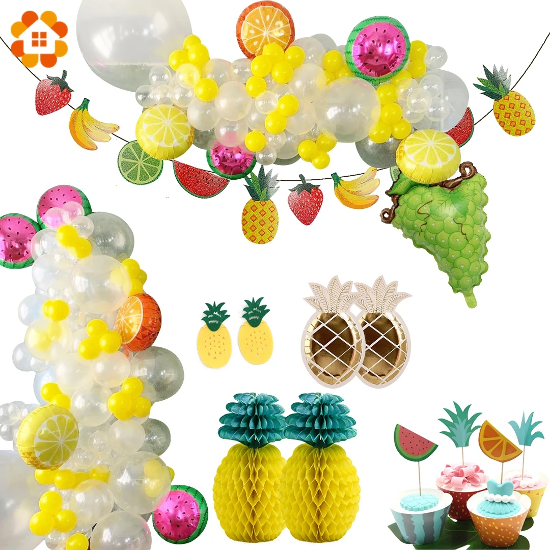 Tropical Hawaiian Party Decoration Pineapple Flamingo Balloon Aloha Banner Tableware Pineapple Theme Party Birthday Decoration