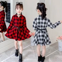 3 to 13 years elegant girls dresses casual long sleeve plaid dress with belt for children clothing fashion teenager kids dresses