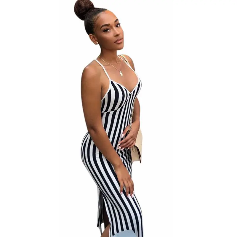 

2021 New Women's V Neck Stripe Spaghetti Strap Mid-calf Ladies Dresses Robe Femme