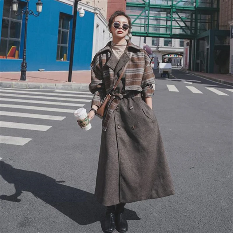 

Plaid stitching woolen coat women's mid-length autumn and winter new korean fake two-piece clothes куртка женская осень abrigo