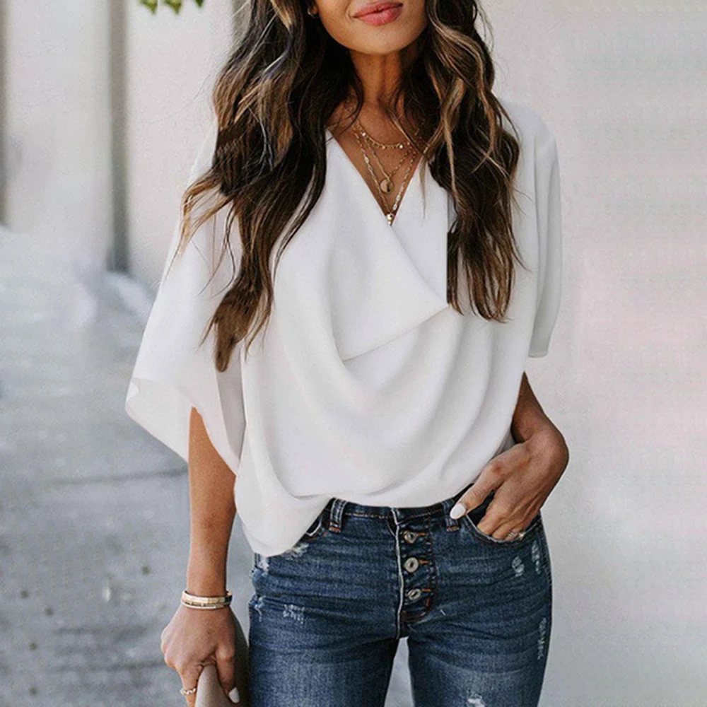 

2021 Summer Short Sleeve White Women Tops Blouses Chiffon Office Loose Casual Ladies Shirts Woman Elegant Blouse Femme Plus Size