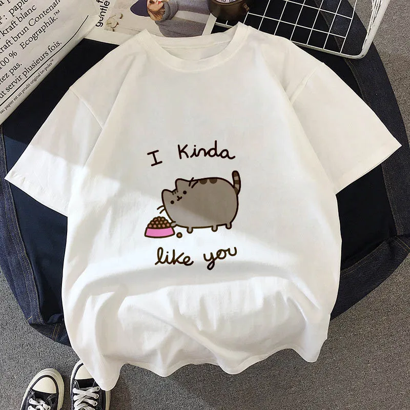 Kawaii, футболка с толстым котом, женская, новинка, летняя, милая, модная, короткий рукав, футболка, белая, тонкая, с секциями, хипстер, футболка, Топы, одежда