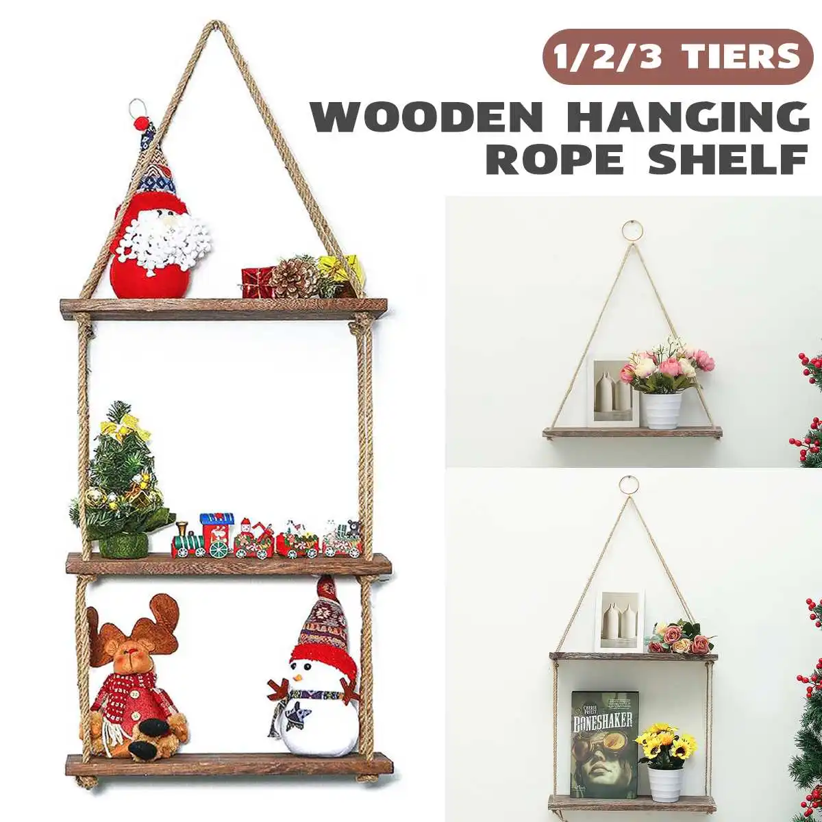 

1/2/3 Tiers Wall Decoration Hanging Rope Storage Rack Flower Pot Storage Rack Wall Hanging Plank Hanging Ornaments
