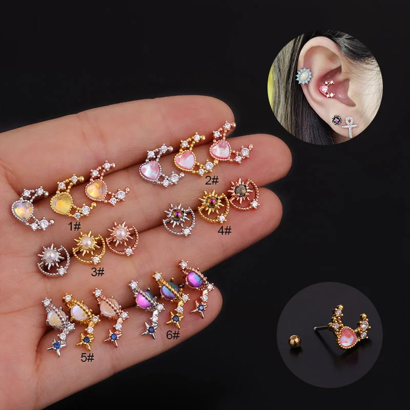 

1PC New Helix Piercing Floral Star Heart Cross Flower Crown Bar Cartilage Piercing Stud Tragus Conch Rook Helix Jewelry