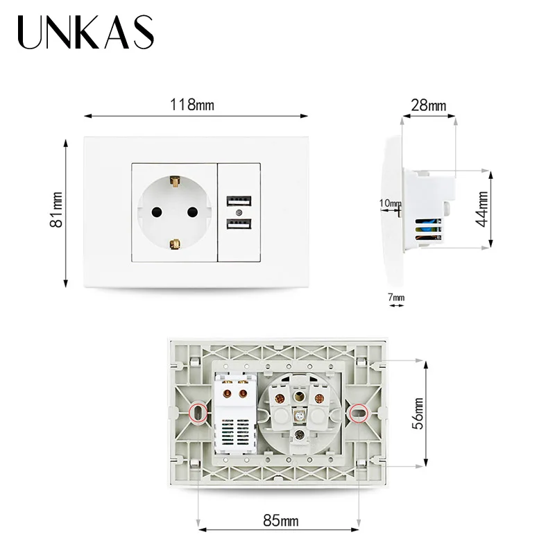 UNKAS настенная розетка USB штепсельная вилка с заземлением 16A ЕС Стандартный