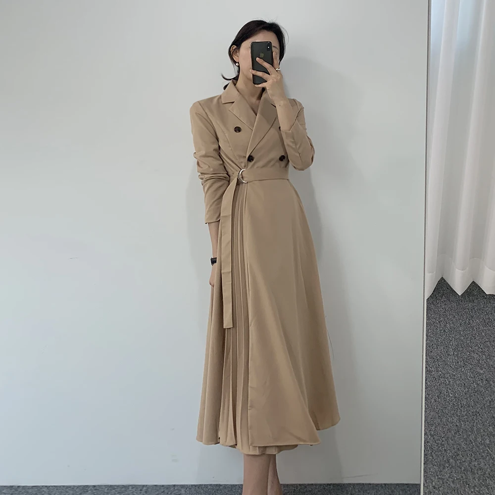 

Autumn Women Elegant Pleated Shirt Dresses Full Sleeve Slim Double Breasted Sashes Dress Chic Female Office Lady Maxi Vestidos