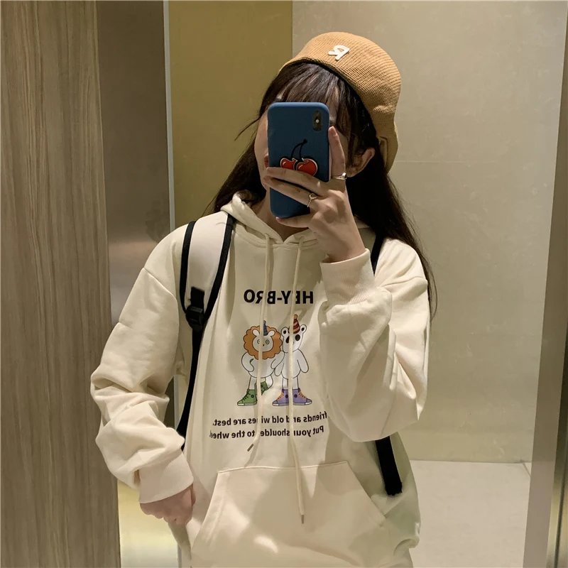 

Harajpoo Women Hoodies 2021 Spring Autumn Korean Ins Trendy Harajuku Style Girls Cartoon Letters Printed BF Hooded Pullovers