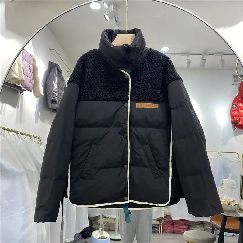 

2021 Nnw down jacket design feeling small han edition lambs wool joining together the little white duck down our winter clothing
