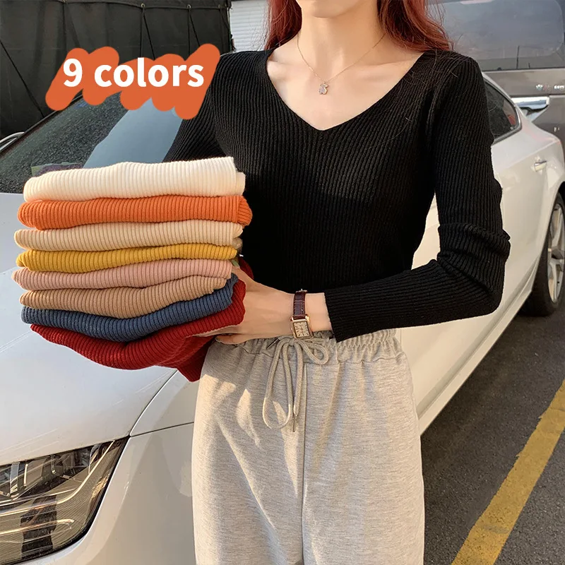 

Women's Bottoming Shirt 2021 Autumn Casual Tight V-neck Long-Sleeved Knit Sweater Slim Slimming Solid Color Bottoming Shirt Top