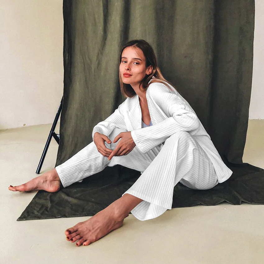 Women Knitting Loungewear Set V Neck Nightwear Long Sleeve Top and Long Pants Pajamas AW21 NewLadies Homewear