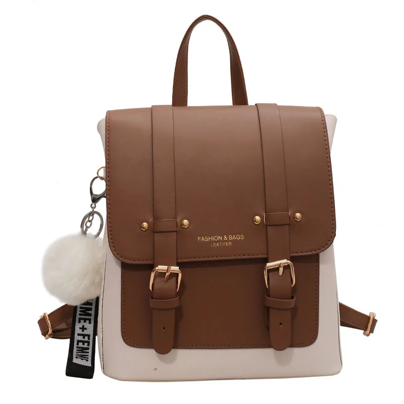 

2021 Autumn And Winter Retro Woman Backpack Fashion Panelled High Quality Pu Waterproof Large Capacity Preppy Style School Bag