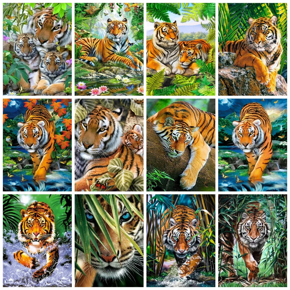 

HUACAN 5d Diy Diamond Painting Tiger Tree Diamond Art Mosaic Animal Forest Scenery Embroidery Room Decor