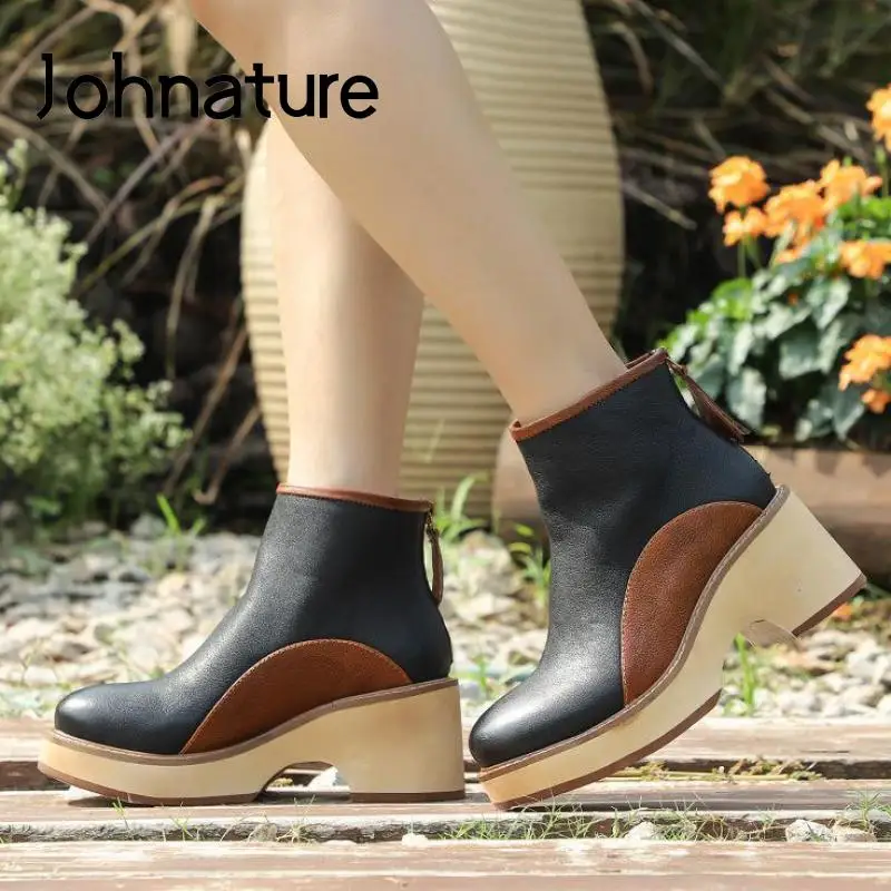 

Женские ботинки в стиле ретро Johnature, ботинки из натуральной кожи смешанных цветов на молнии, с круглым носком, на танкетке, с прострочкой, Осе...