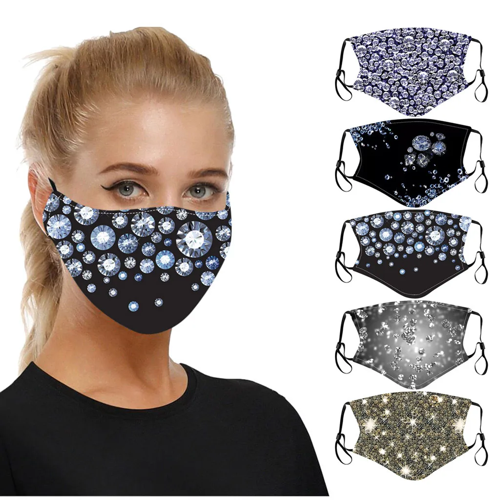 

5PCS Diamond mask Christmas mask Shiny Print Breathable prevent-spitting Protective Mask for Adults washable reusable fashion K5