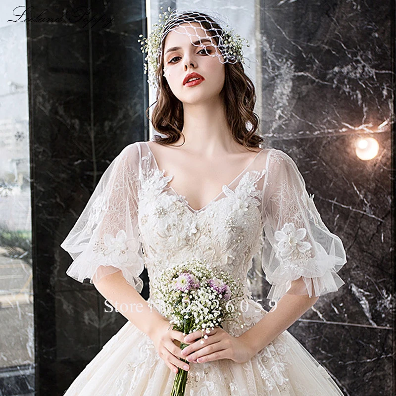 Vestido de Noiva А-силуэт v-образный вырез кружева аппликации свадебные платья длина до пола Половина рукава бисером Свадебные платья собора Поезд