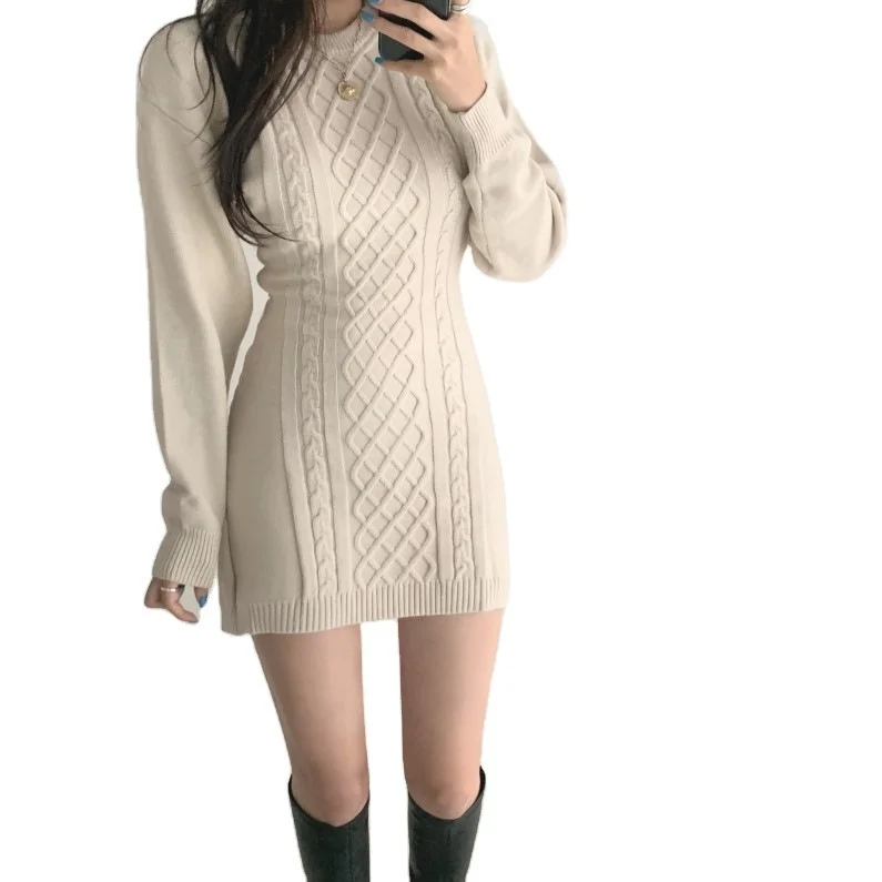 

Fashion Out Waist Sweater Dress Women Autumn Winter High Elastic Twist Dress Casual Mini Dress 3 Colors