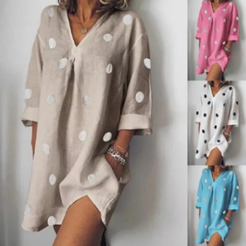 

Wrist Sleeves Dots Print Linen Loose Female Dress Autumn 2021 Fashion Hot Sale Oversized V-neck Slit Hem Casual Women Dresses
