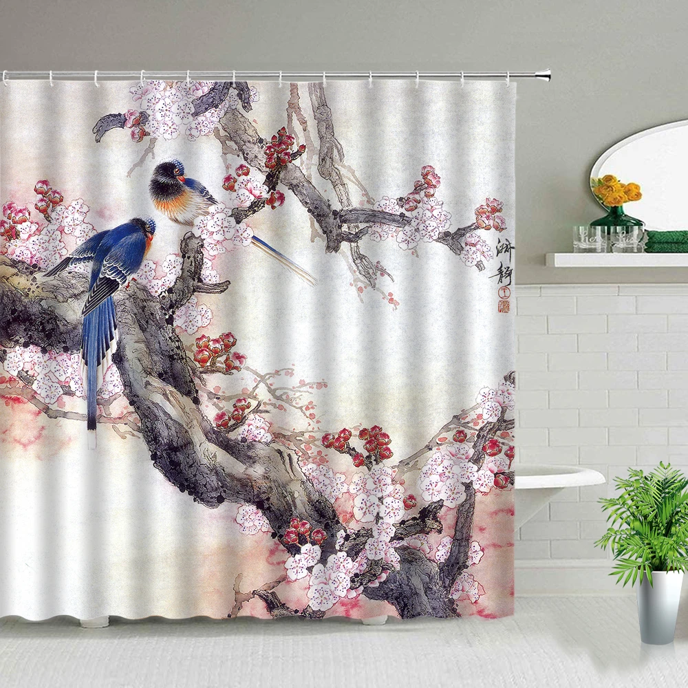 chinese style flower bird scenery shower curtains plant floral landscape bathroom waterproof fabric bath curtain set with hooks free global shipping