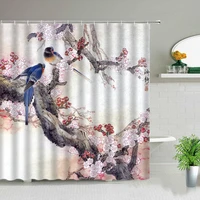 Chinese Style Flower Bird Scenery Shower Curtains Plant Floral Landscape Bathroom Waterproof Fabric Bath Curtain Set With Hooks