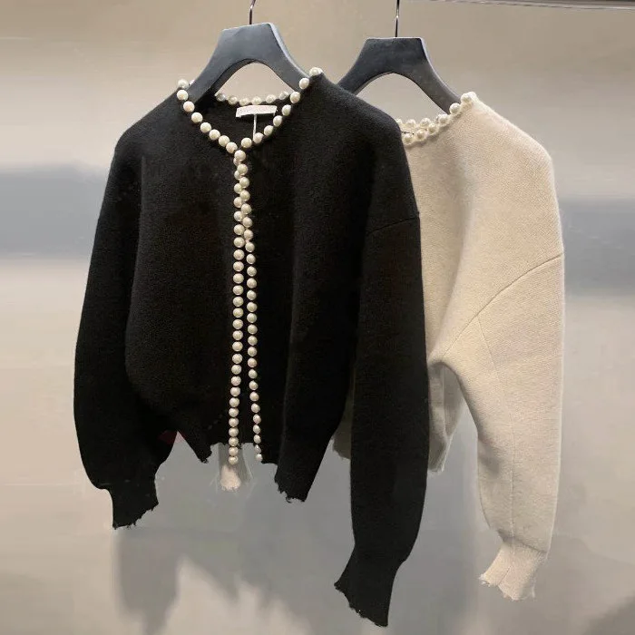 

2021 Women Sweater Autumn and Winter New Pearl Trim Cardigan Sweater