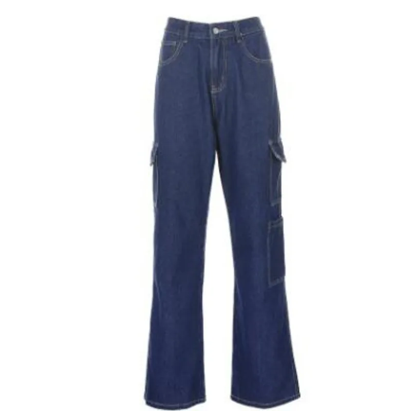 

2021 Women Fashion Casual Jeans White Blue High Waist Loose Pocket Cargo Pants Overalls Elegant Wide Leg Trouser Vintage