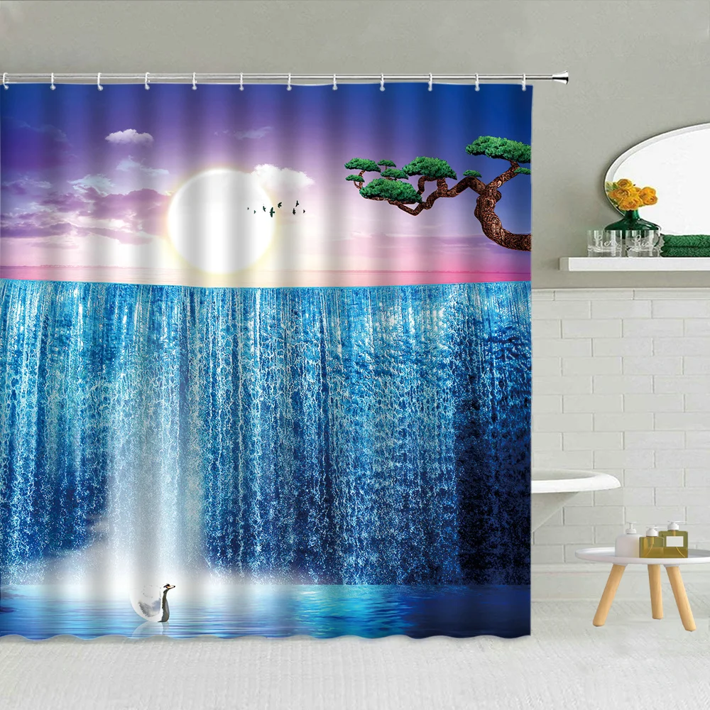 

Waterfall Rainbow Landscape Shower Curtain Forest Flower Lake Green Plants Bathroom Decor Natural Scenery Waterproof Curtains