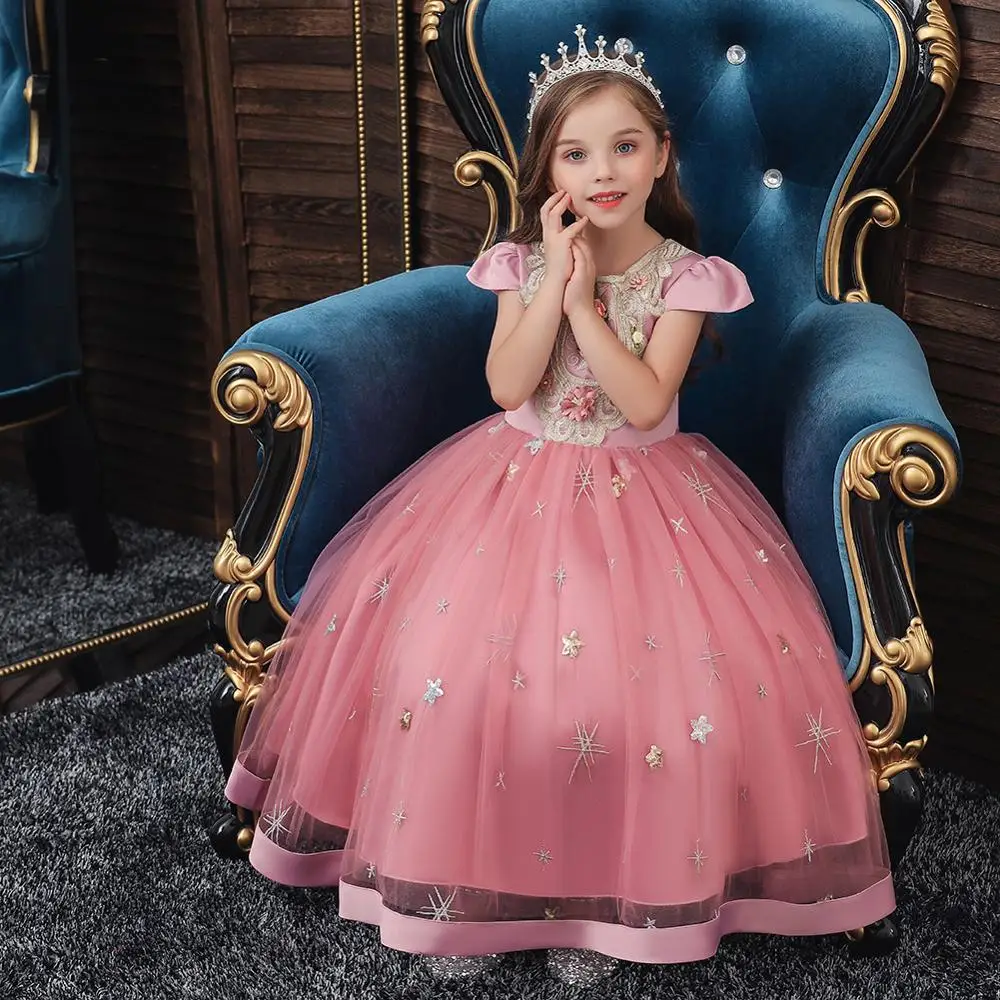 

Long Princess Dress for Birthday Embroidery Flowers Mesh Ball Gown Dress for Dancing Children Clothes Elegant Kids Costumes