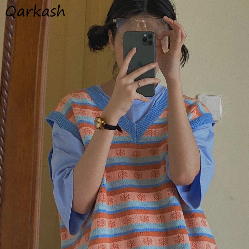 

Свитер, Жилеты для женщин и студентов, Корейская простая полосатая кавайная свободная универсальная винтажная Женская одежда с V-образным в...