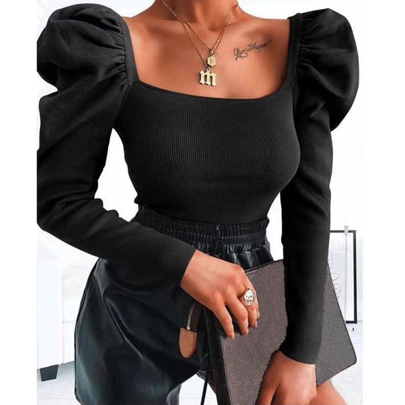 

AOSSILIND Puff sleeve crop top autumn square collar long sleeve sexy vintage top Women backless ribbed casual t shirt tops