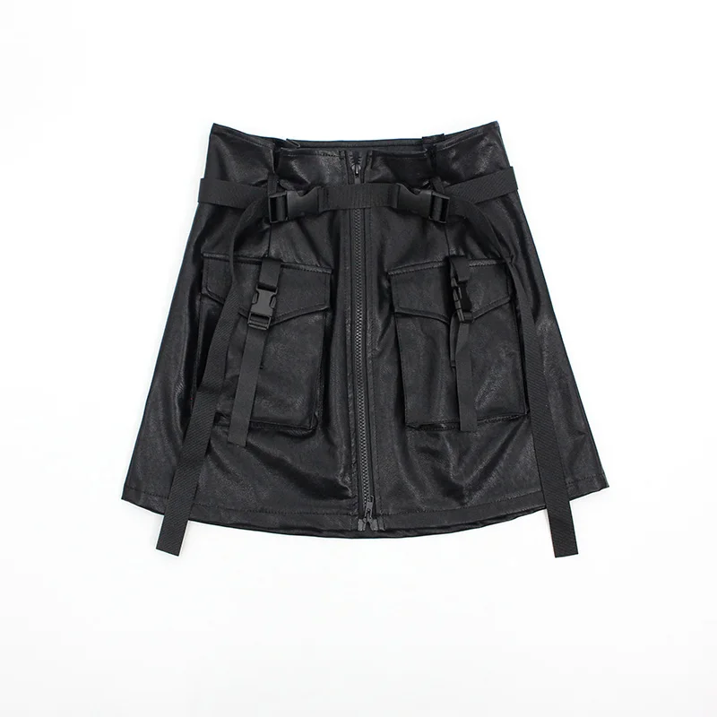 leather black Модная юбка зима кожа Женская юбка ремень карман молния панк стиль мини-юбка уличная одежда - Цвет: leather black
