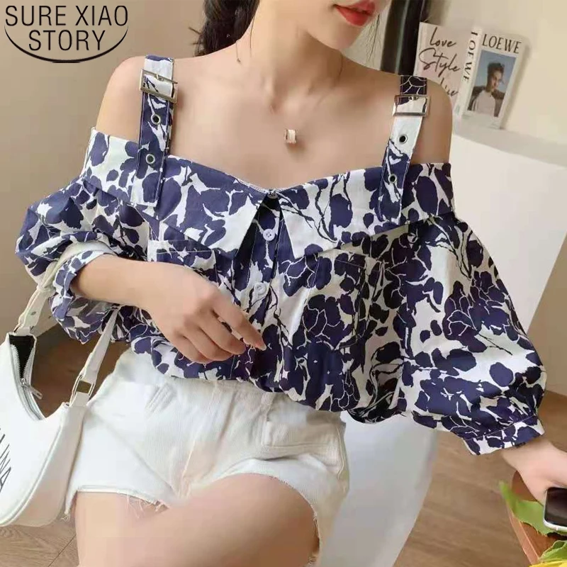 

2023 Summer Off Shoulder Tops French Style Chic Short Puff Sleeves Floral Printing Button Shirt Slash Neck Clothes Blusas 15606