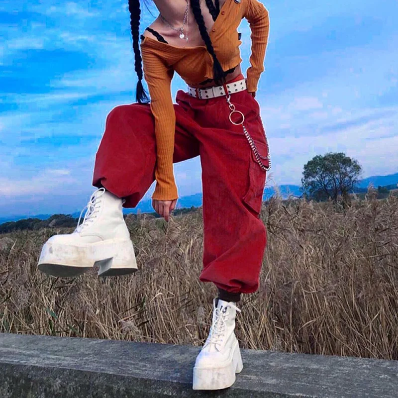 

Weekeep High Waisted Cargo Pants Women's Streetwear Fashion Baggy Straight Wide Leg Pants Pockets Patchwork Ladies Solid Trouser