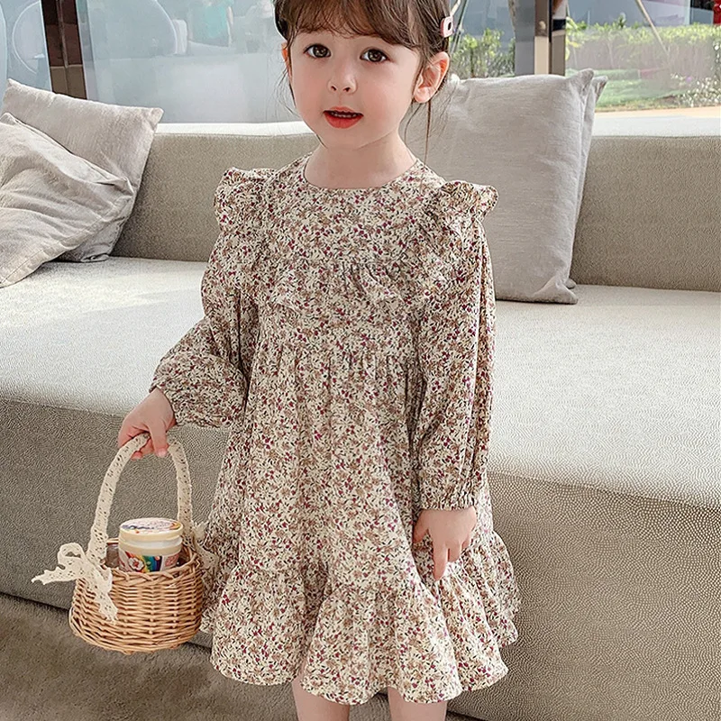 Fall Flower Girls Dresses Korean Fashion Long Sleeve Princess Dress Cute Little Children Costume Vestidos Spring Costume