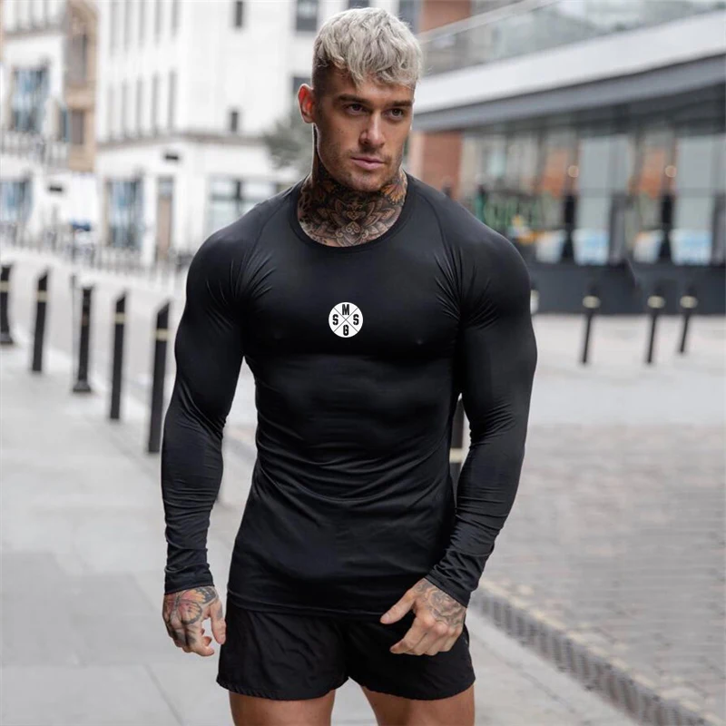 

Новая модная мужская футболка с длинным рукавом для тренировок бодибилдинга фитнеса дышащая повседневная осенне-зимняя трендовая тонкая с...