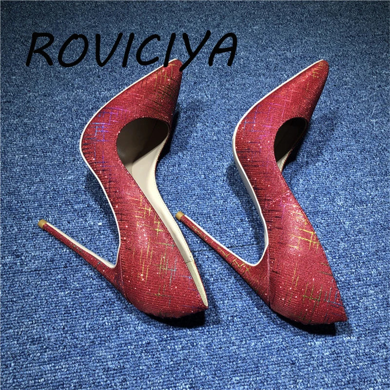 

Red shiny spring pumps pointed toe 12cm high heels ladies shallow women shoes party evening nightclub BM010 ROVICIYA