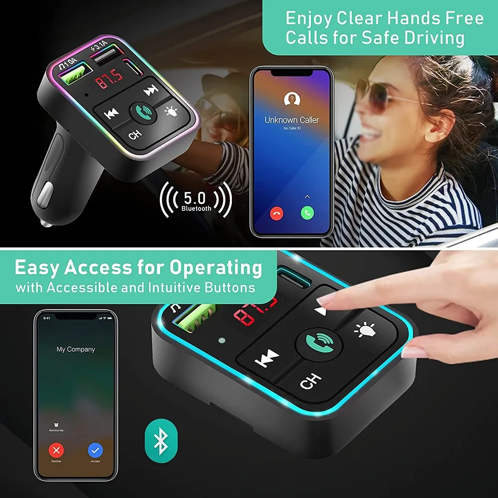 

Car Accessories Bluetooth 5.0 ABS Car Wireless FM Transmitter Adapter 2USB PD Charger AUX Hands-Free Bluetooth5.0 FM Transmitter