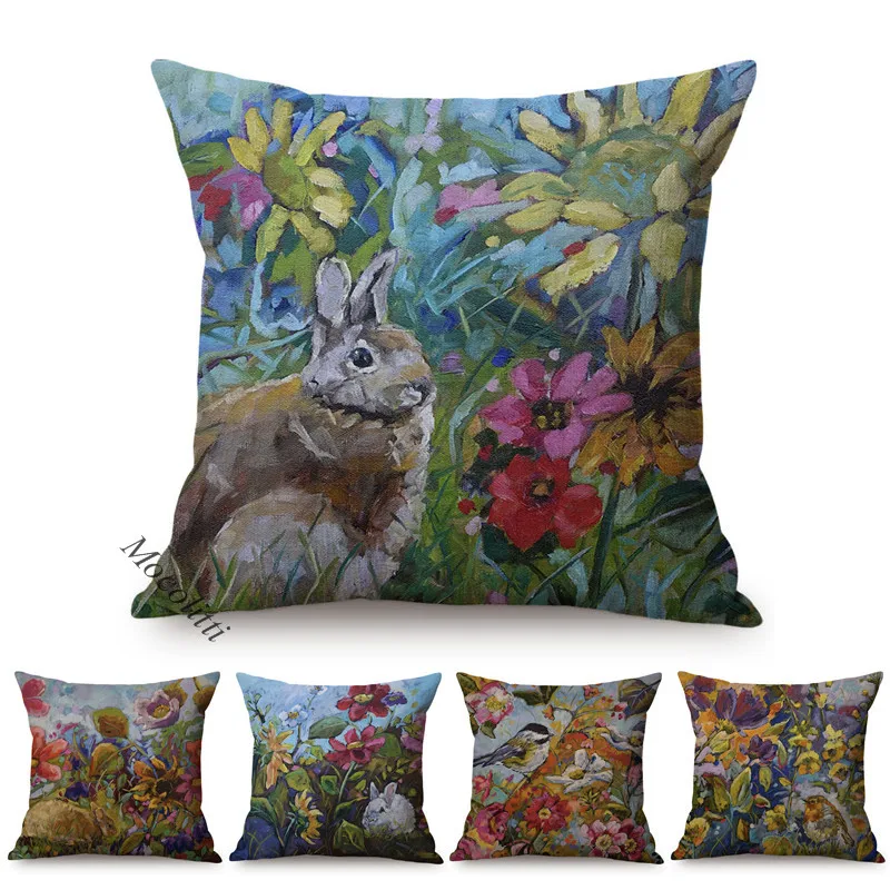 

Чехол для подушки, с изображением весенних цветов, с изображением кролика, птицы, разноцветный, винтажный, художественный декор, наволочка для подушки для дивана, стула в саду