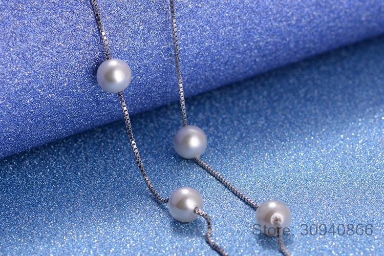 

925 Sterling Silver Jewelry 6mm Pearl Box Chain Choker Necklace