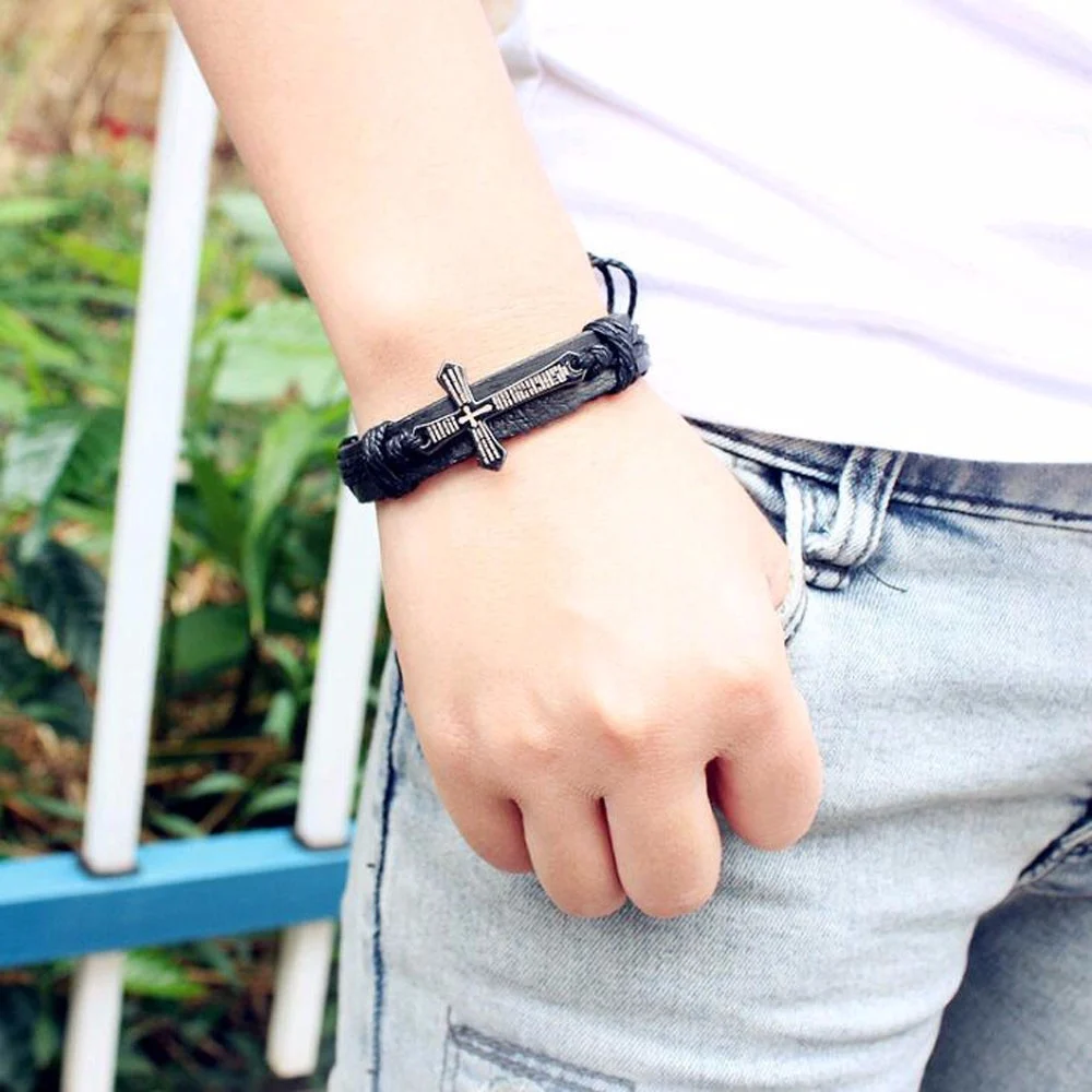 

New Fashion Men Women Jewelry Vintage Leather Bracelets & Bangles Metal Cross Jesus Charm Bracelet Adjustable Wax Cord Bracelet