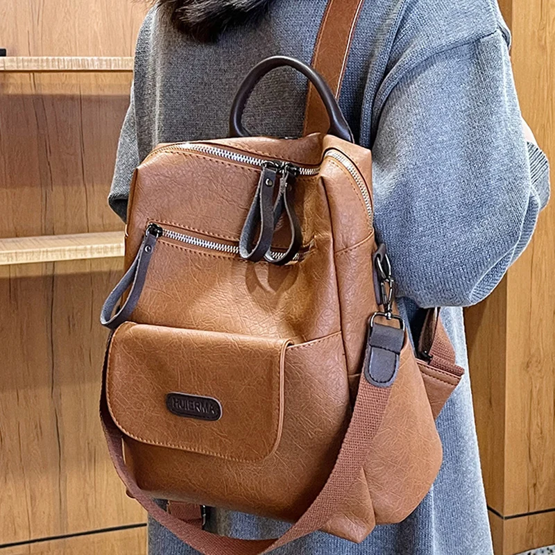 

2021 Designer Vintage Pu Leather Women Backpack Girls High Quality Female Fashion Travel Backpacks Double Shoulder Bags Mochilas