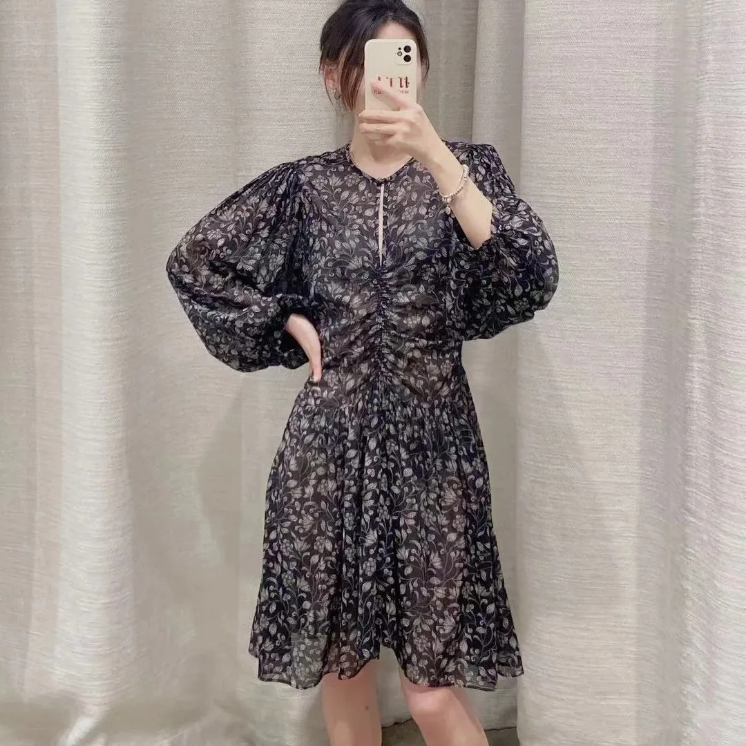 

Women Dress 2021 Autumn New Lantern Sleeve Printed V-Neck Cotton Short Dress
