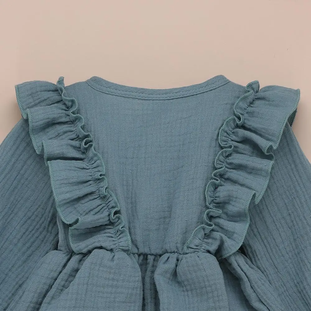 Solid Color Ruffles Children'S Dress fly Long Sleeve Knee-Length dress Linen Button Princess Sukienka Dziewczynka | Детская одежда