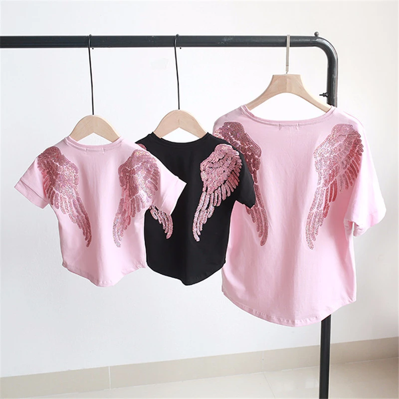 

Short-sleeve Mom Woman Baby Girls Angel Wings Embroidered Sequin Embroidery T-shirt for Family Mother Daughter Matching Clothes