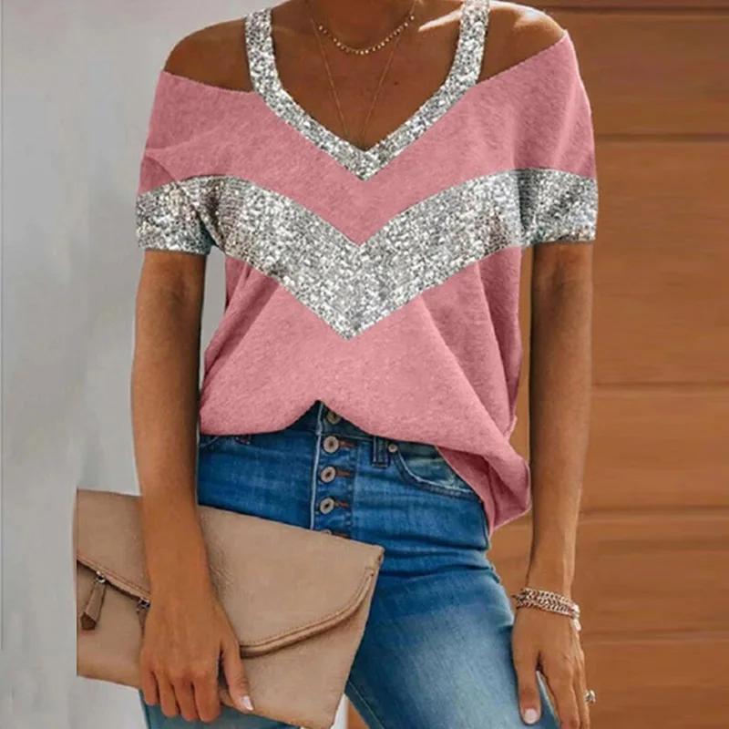

Women Off-Shoulder T-Shirt Sequins Patchwork Short Sleeved Women Tops Tee Casual V-Neck T-Shirt for Ladies Summer Clothes