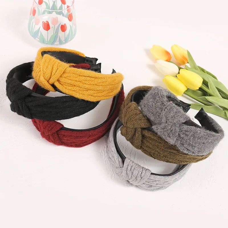 

New Pure Color Weave Woolen Headbands Headwrap High Quality Colorful Cotton Fluff Knotted Head Net Hair Hoops Headwear Wholesale