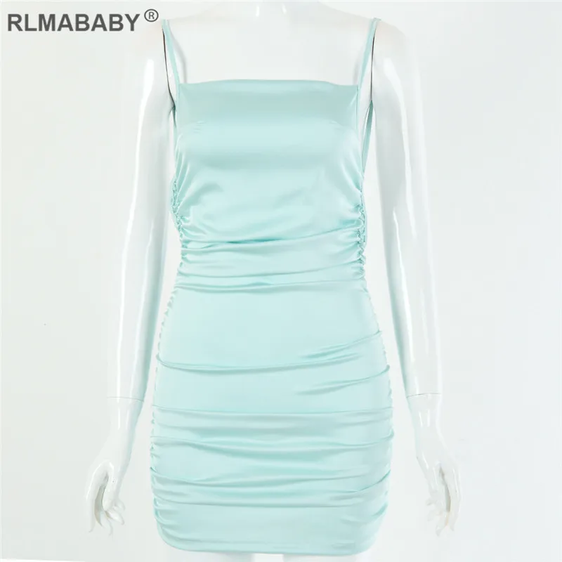 Green RLMABABY, однотонный атлас, Сексуальное мини платье на бретельках, без рукавов, с открытой спиной, женское облегающее платье, летнее Клубное нарядное плиссированное платье - Цвет: Green